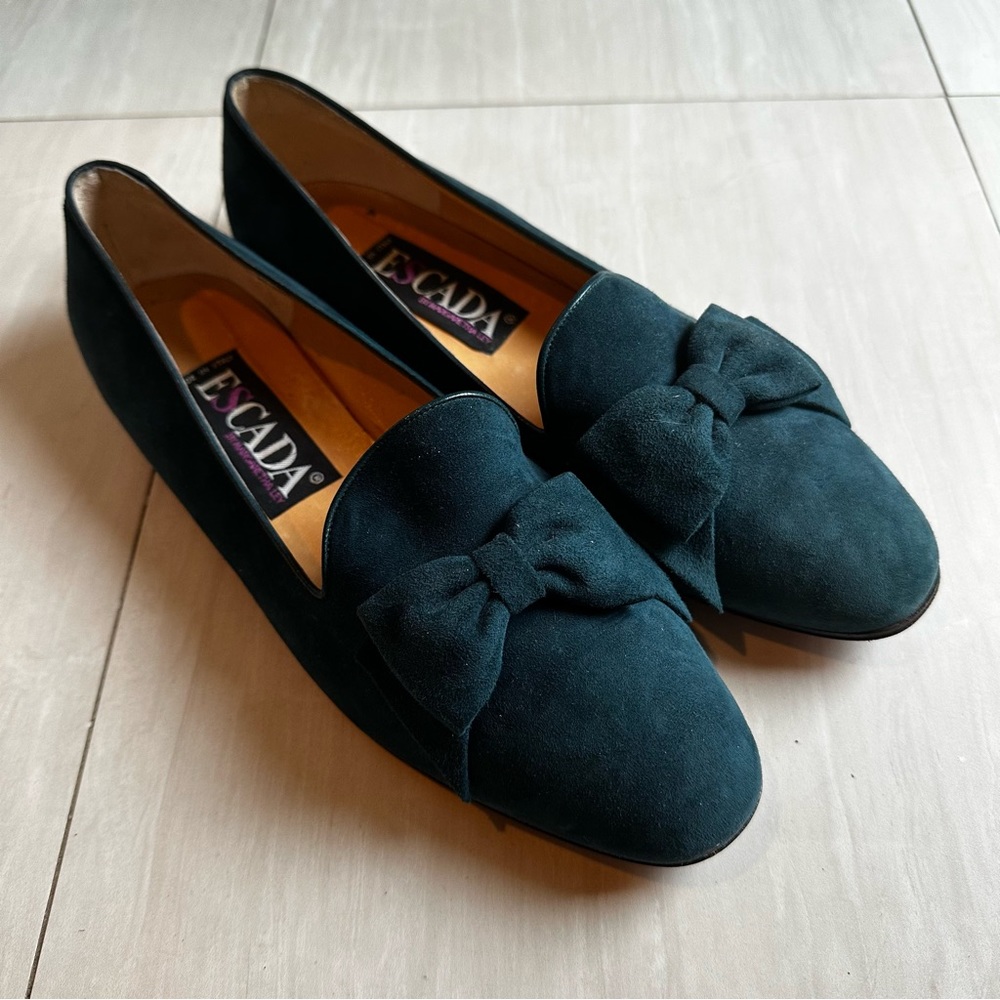 Teal velvet escada loafers bow tie